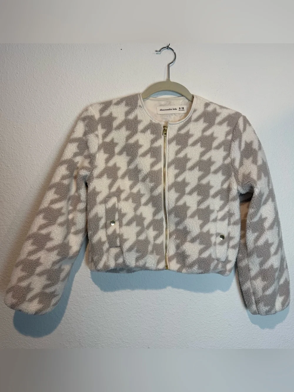 Abercrombie Kids Girls 9/10 Faux Fur Gold Zip Jacket Cream Houndstooth Coat